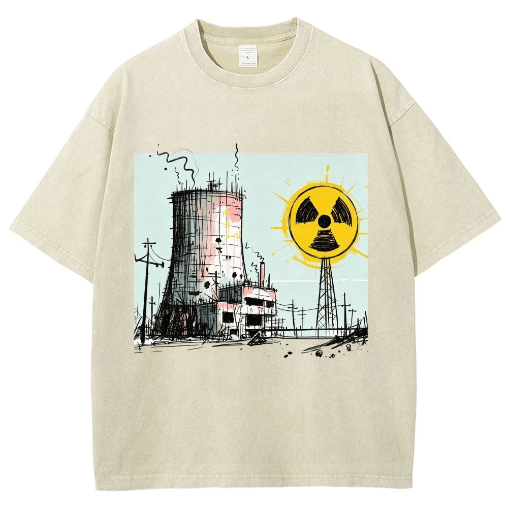 Loose Hand Drawn Cooling Tower Hazard Marker Unisex Fit Washed T-Shirt