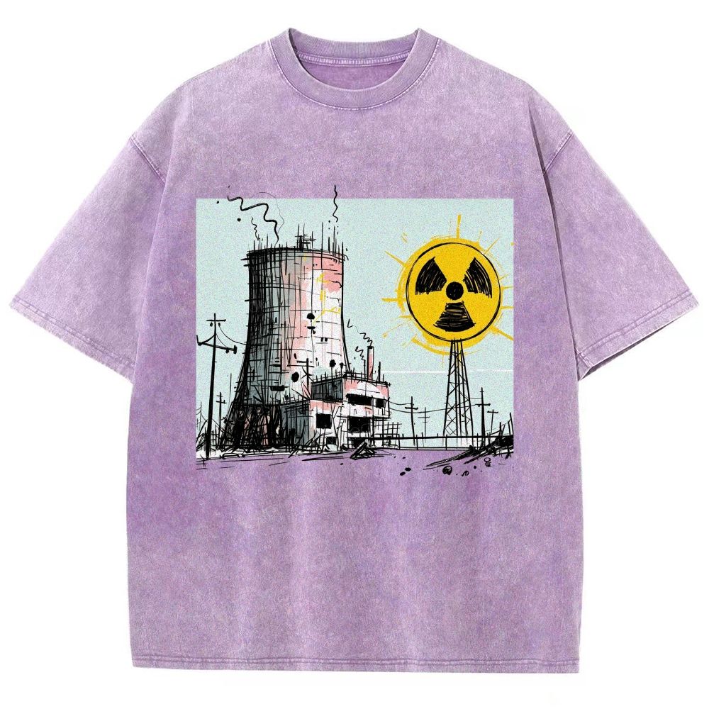 Loose Hand Drawn Cooling Tower Hazard Marker Unisex Fit Washed T-Shirt