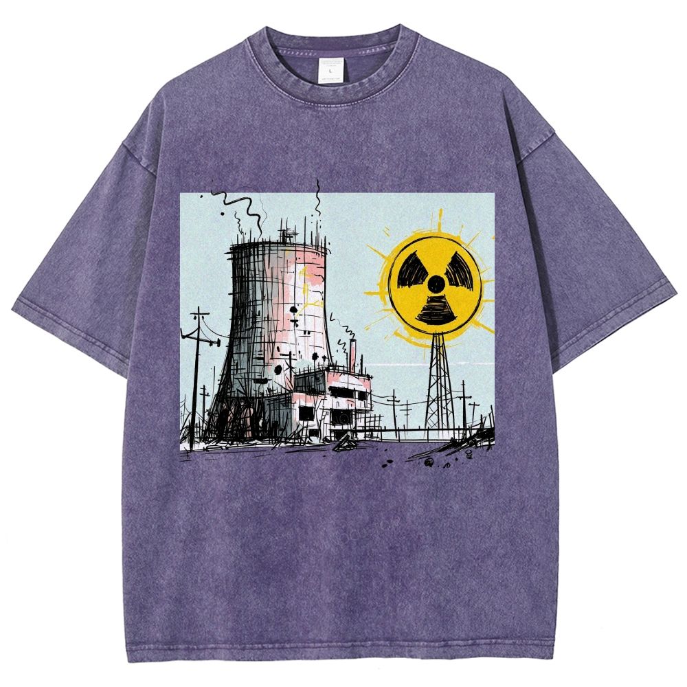 Loose Hand Drawn Cooling Tower Hazard Marker Unisex Fit Washed T-Shirt