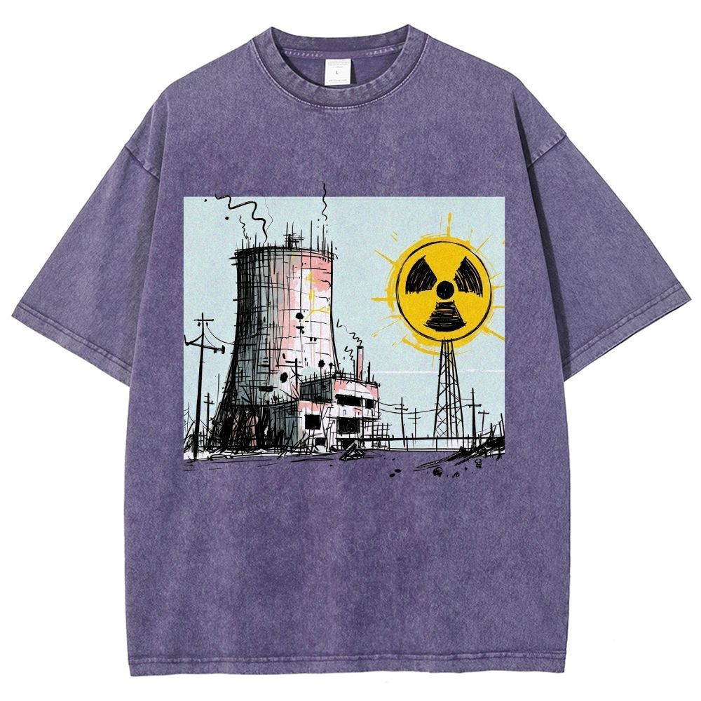 Loose Hand Drawn Cooling Tower Hazard Marker Unisex Fit Washed T-Shirt