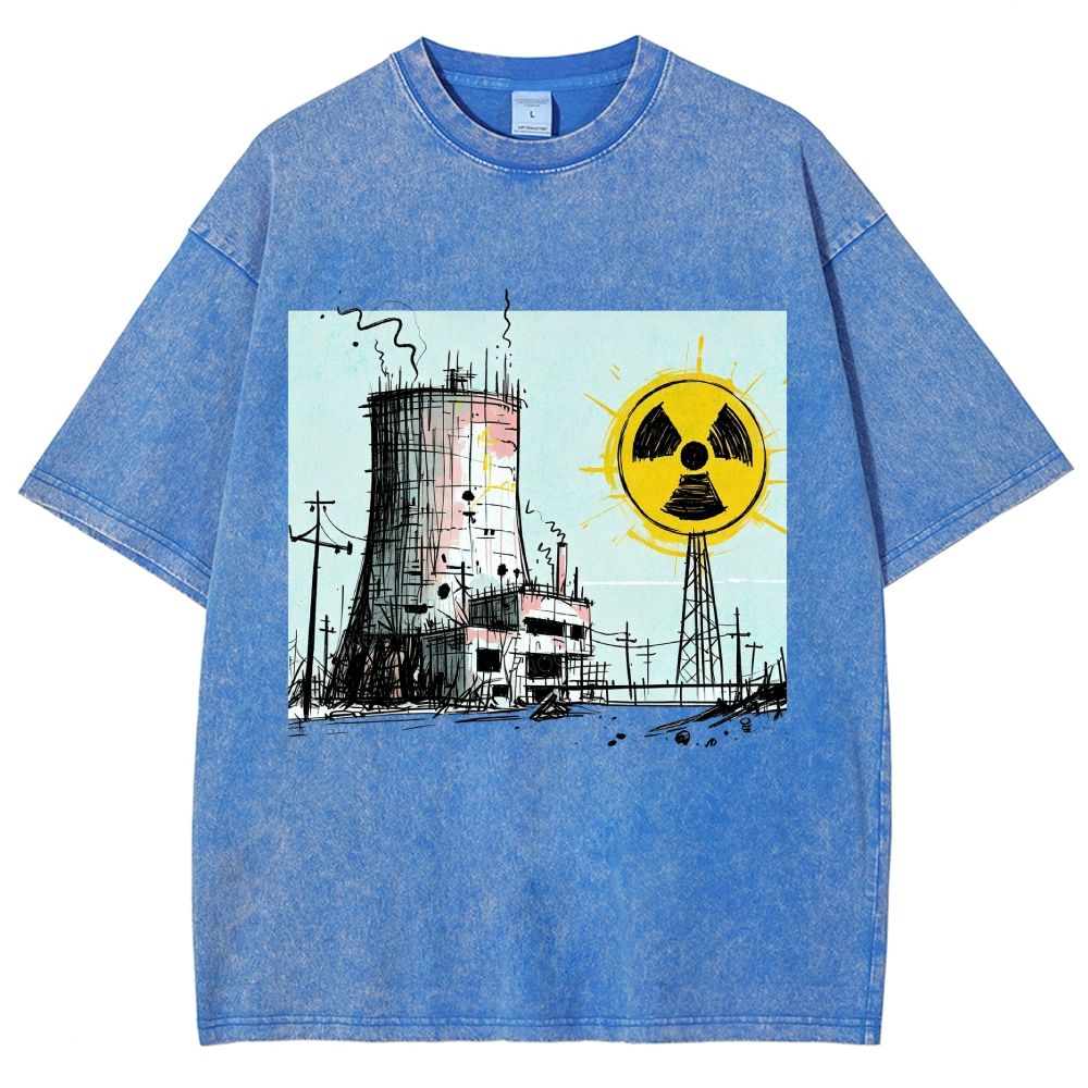 Loose Hand Drawn Cooling Tower Hazard Marker Unisex Fit Washed T-Shirt