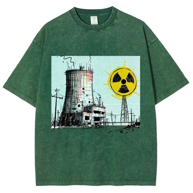 Loose Hand Drawn Cooling Tower Hazard Marker Unisex Fit Washed T-Shirt