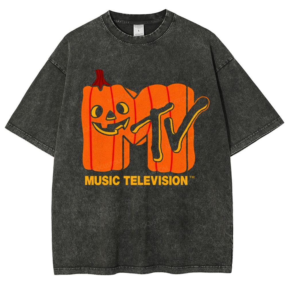 Retro Halloween Pumpkin Shaped Letter Spooky Fall Unisex Fit Washed T-Shirt