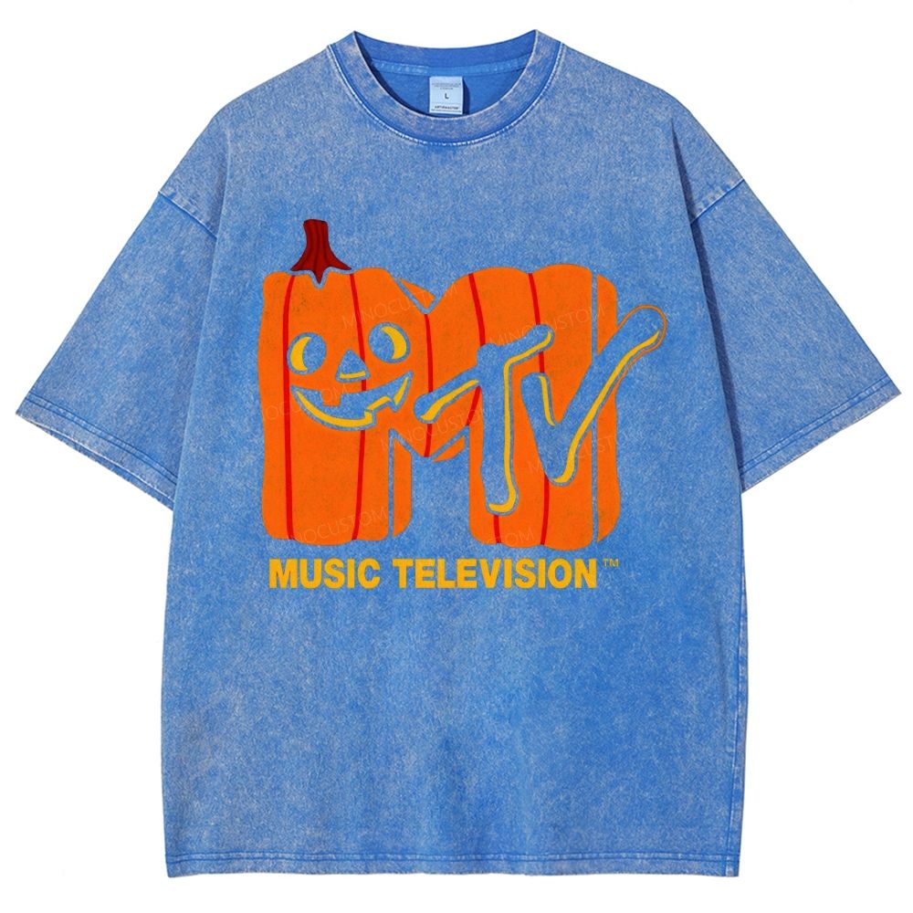 Retro Halloween Pumpkin Shaped Letter Spooky Fall Unisex Fit Washed T-Shirt