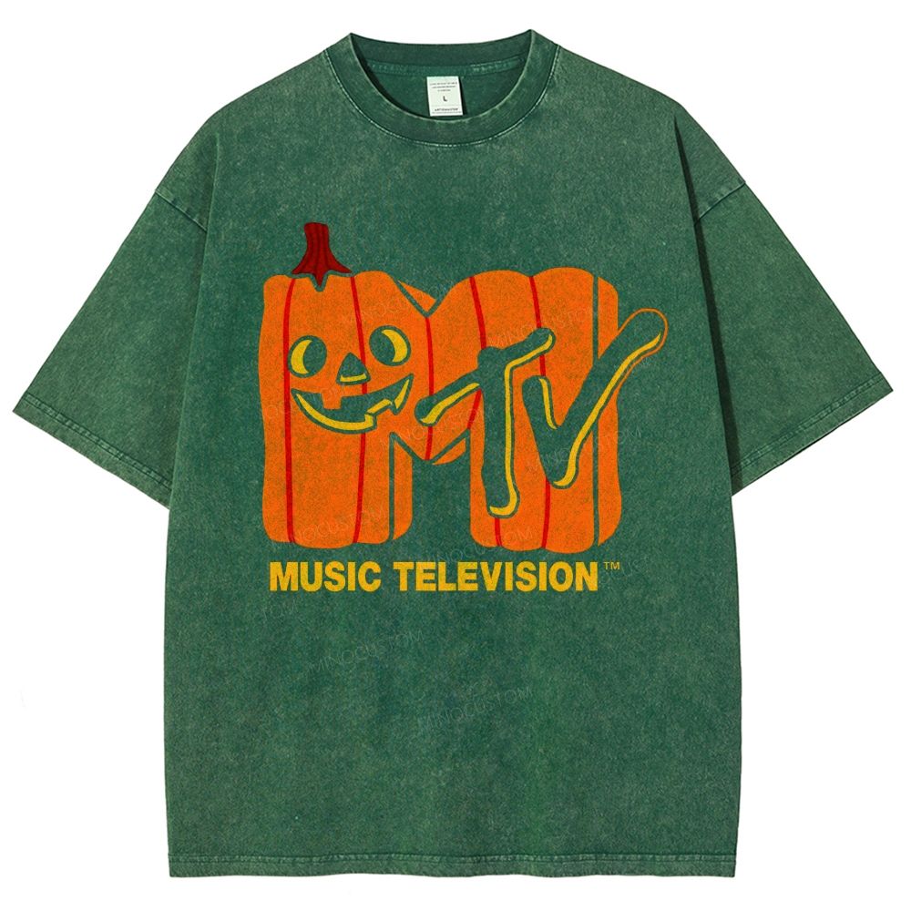 Retro Halloween Pumpkin Shaped Letter Spooky Fall Unisex Fit Washed T-Shirt
