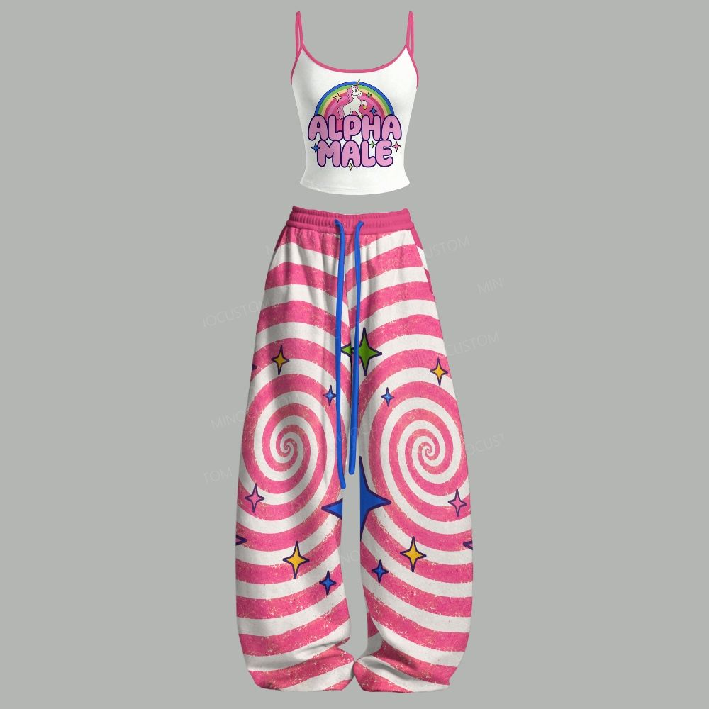 Rainbow Unicorn Alpha Male Quote Top & Elasticated Trousers Two-Piece Set