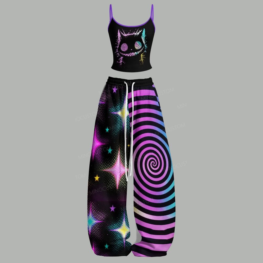 Psychedelic Gradient Cat Smile Top & Elasticated Trousers Two-Piece Set