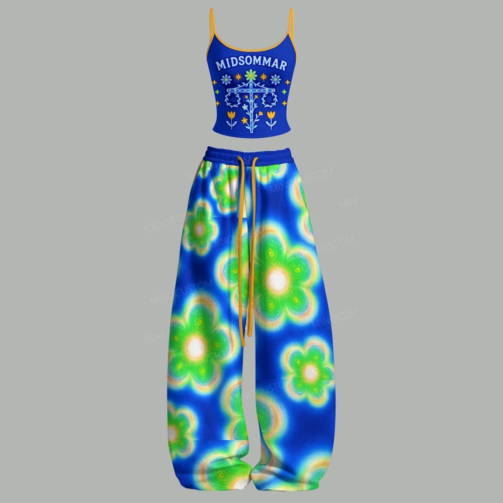 Sunny Bloom Floral Watercolor Wide‑Leg Lounge Top & Elasticated Trousers Two-Piece Set
