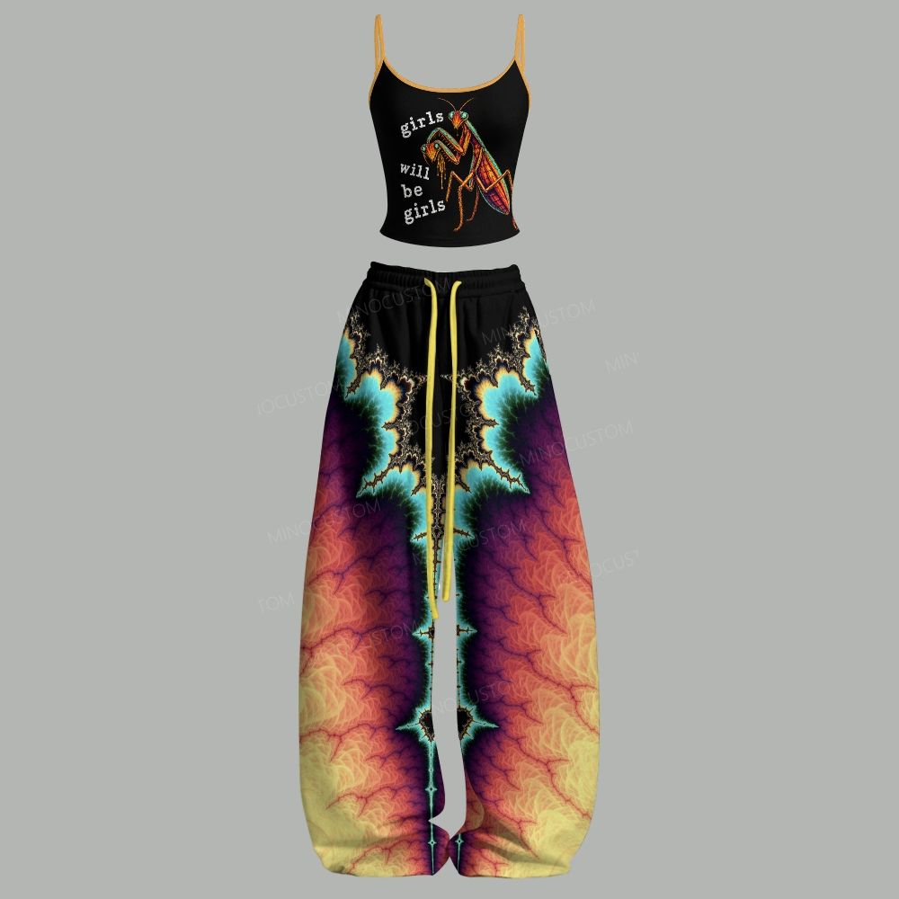 Psychedelic Mantis Handwritten Slogan Top & Elasticated Trousers Two-Piece Set