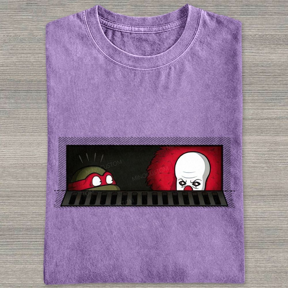 Dark Humor Comic Style Sewer Peeking Figure Graphic Washed T-shirt