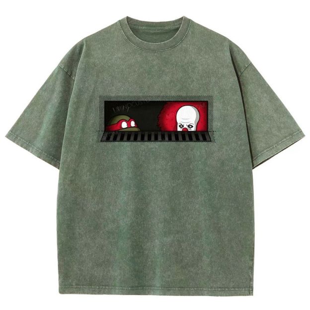 Dark Humor Comic Style Sewer Peeking Figure Graphic Washed T-shirt