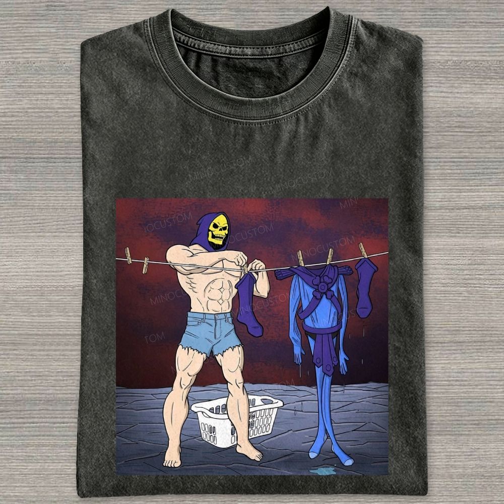 Fantasy Skull Hooded Muscular Man Laundry Meme Graphic Washed T-shirt