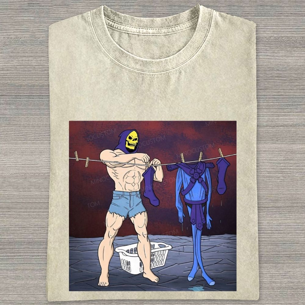 Fantasy Skull Hooded Muscular Man Laundry Meme Graphic Washed T-shirt