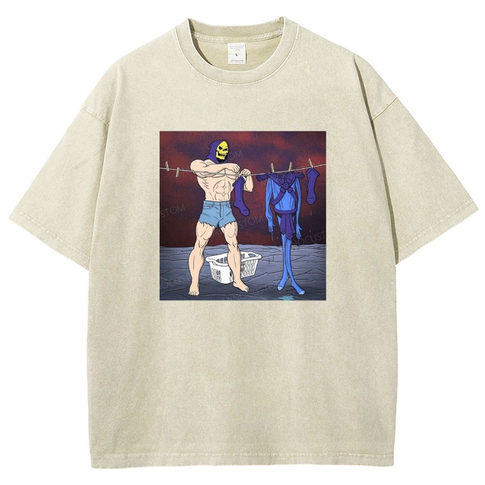 Fantasy Skull Hooded Muscular Man Laundry Meme Graphic Washed T-shirt