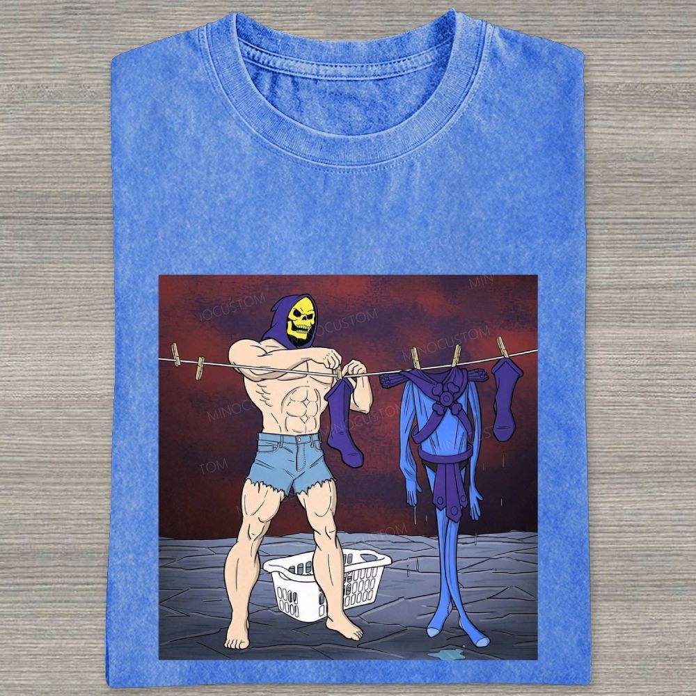 Fantasy Skull Hooded Muscular Man Laundry Meme Graphic Washed T-shirt