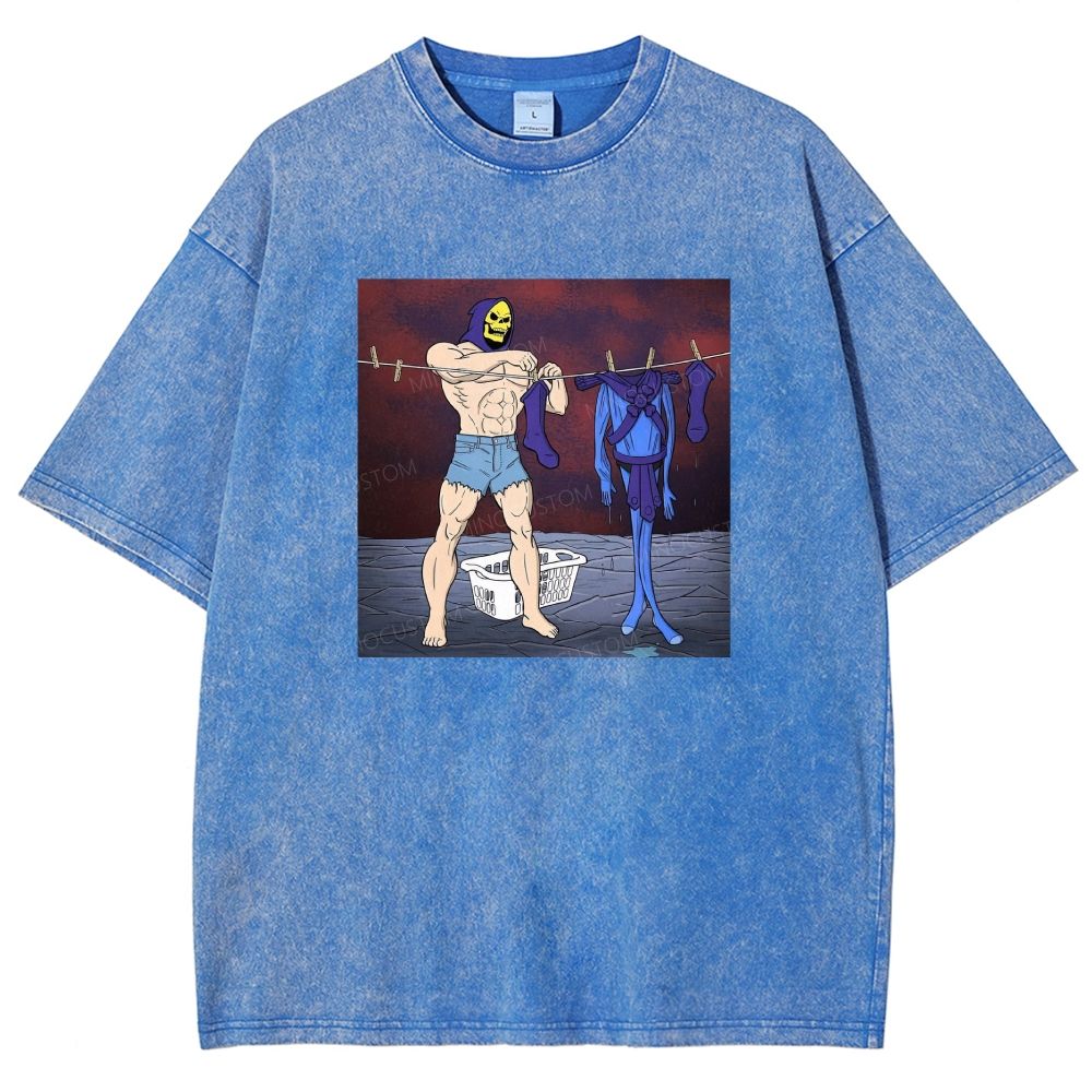 Fantasy Skull Hooded Muscular Man Laundry Meme Graphic Washed T-shirt