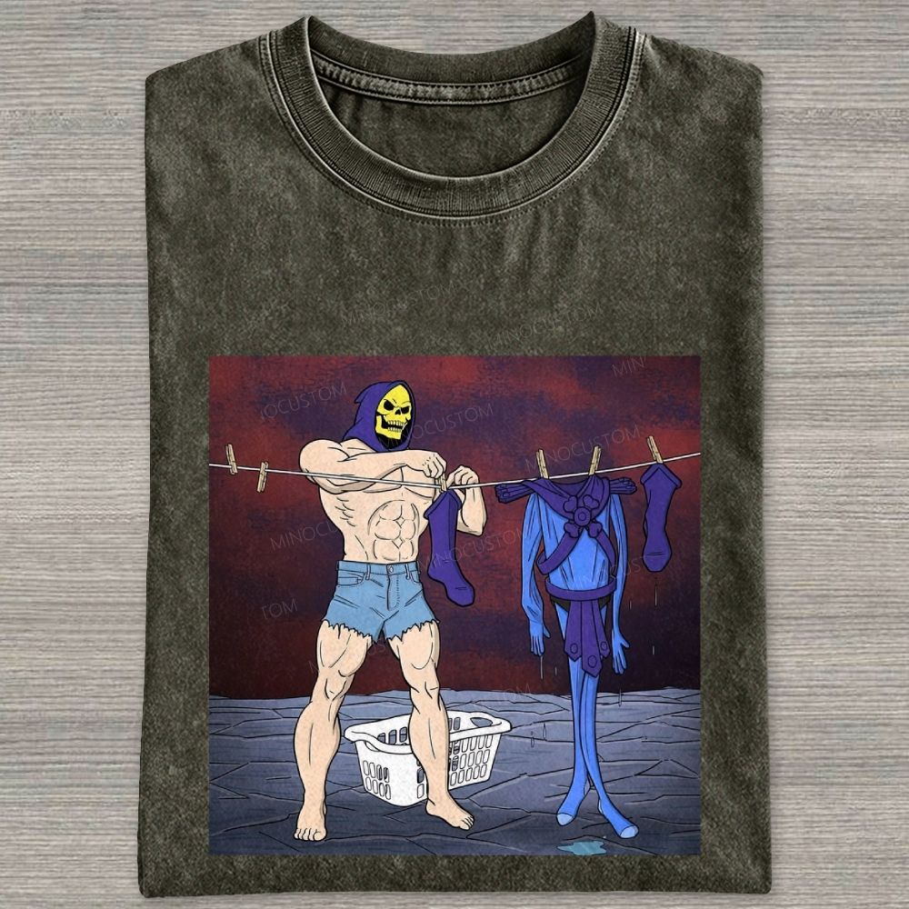 Fantasy Skull Hooded Muscular Man Laundry Meme Graphic Washed T-shirt