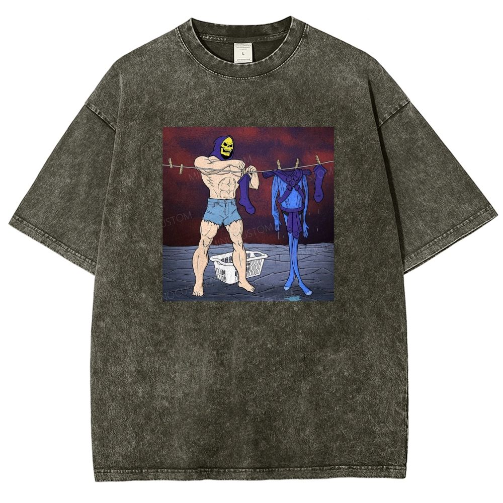 Fantasy Skull Hooded Muscular Man Laundry Meme Graphic Washed T-shirt