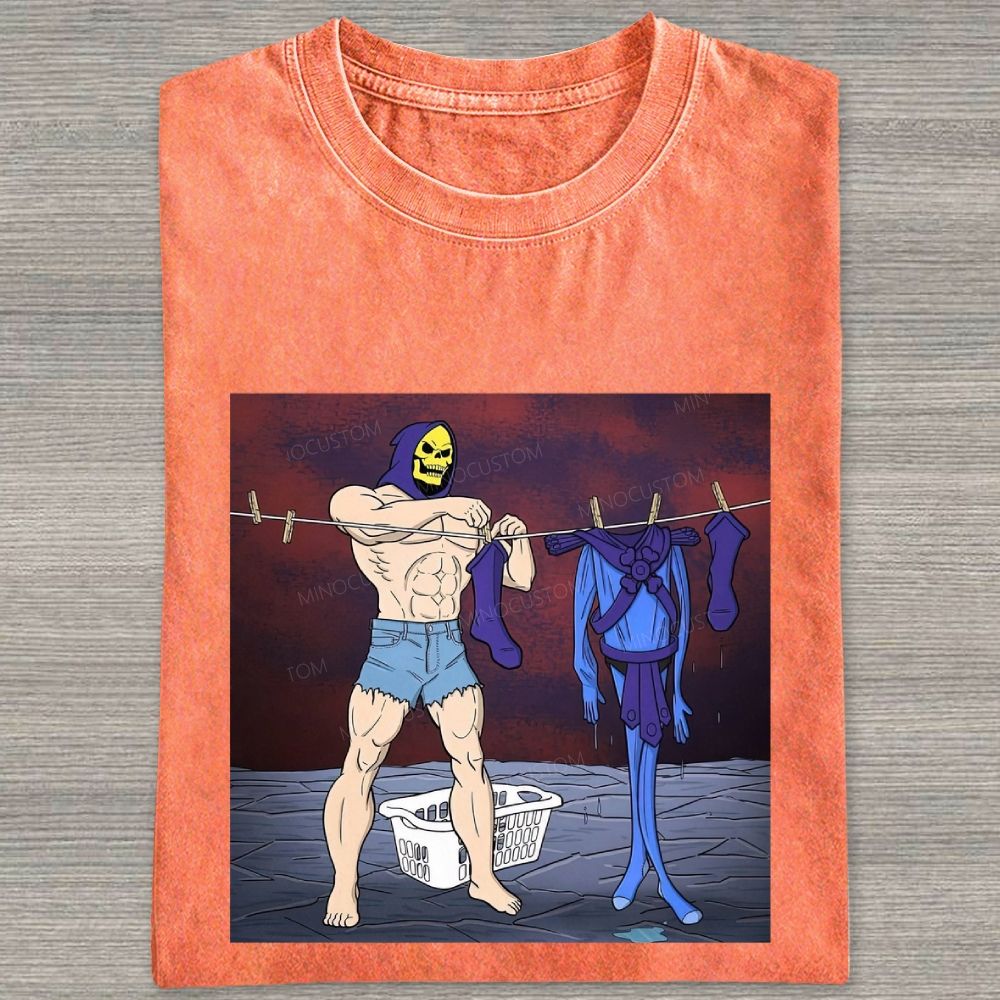 Fantasy Skull Hooded Muscular Man Laundry Meme Graphic Washed T-shirt