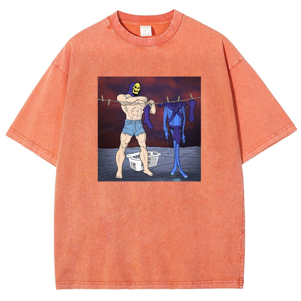 Fantasy Skull Hooded Muscular Man Laundry Meme Graphic Washed T-shirt