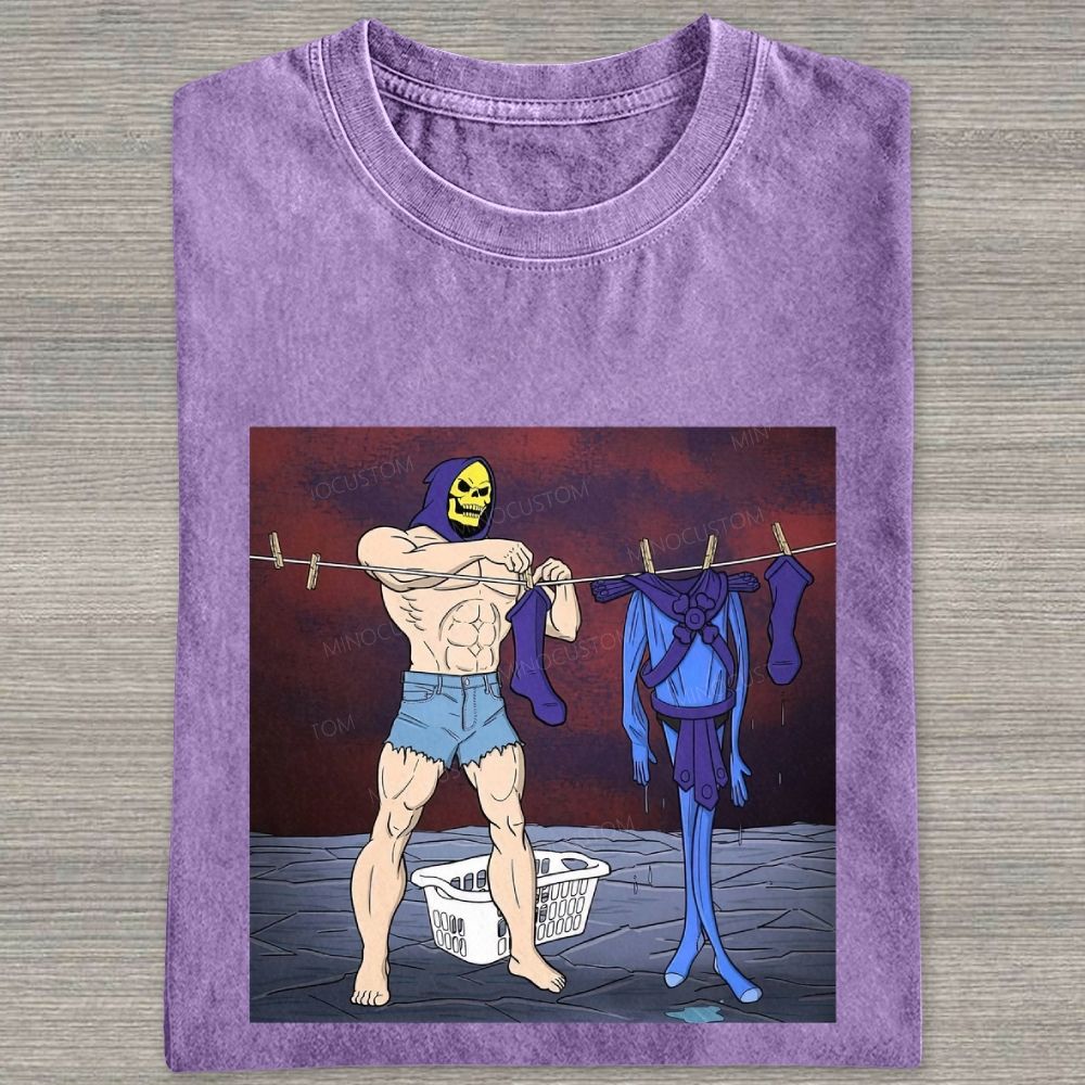 Fantasy Skull Hooded Muscular Man Laundry Meme Graphic Washed T-shirt