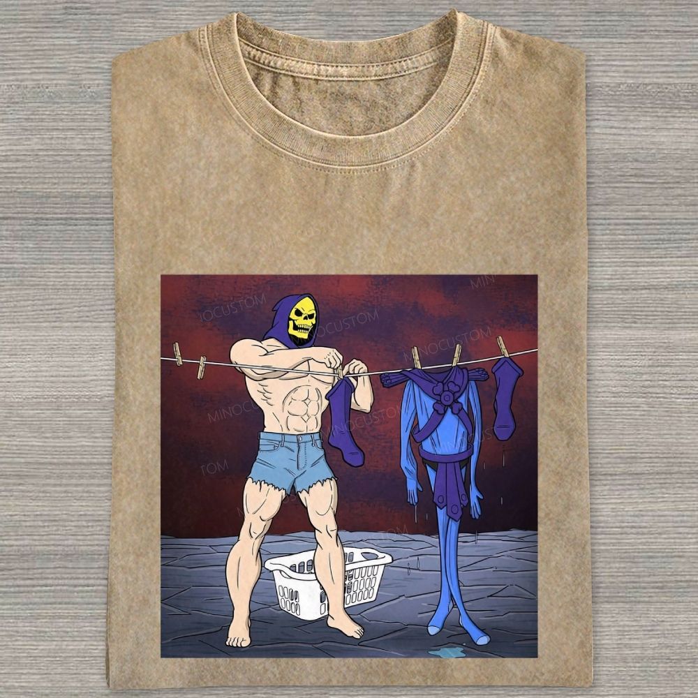 Fantasy Skull Hooded Muscular Man Laundry Meme Graphic Washed T-shirt