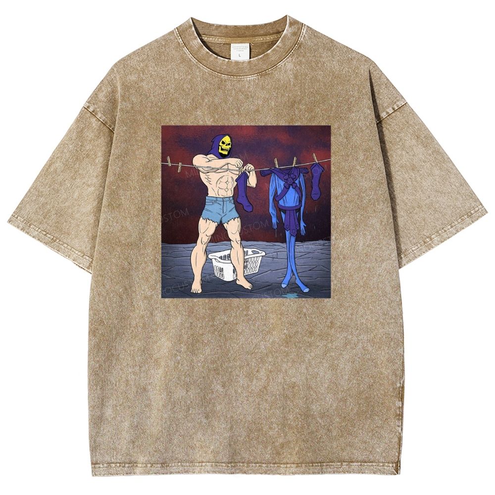 Fantasy Skull Hooded Muscular Man Laundry Meme Graphic Washed T-shirt