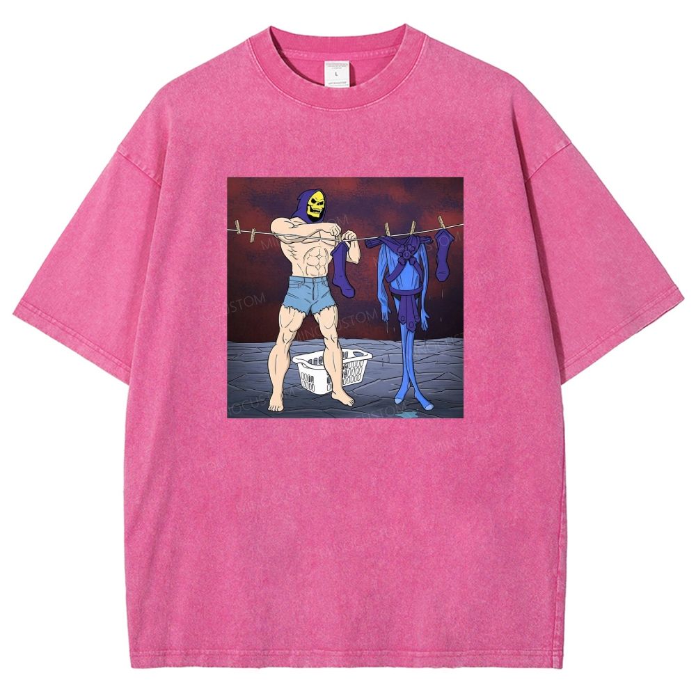Fantasy Skull Hooded Muscular Man Laundry Meme Graphic Washed T-shirt