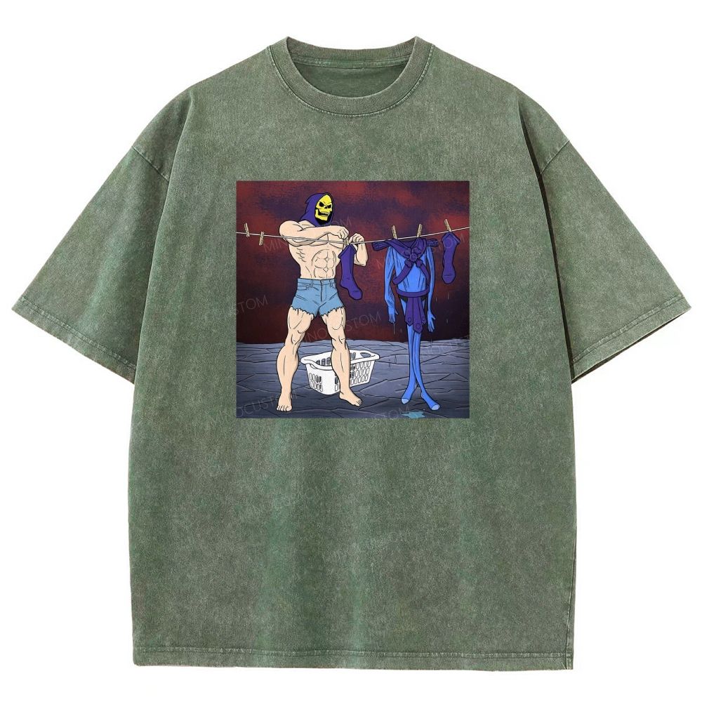 Fantasy Skull Hooded Muscular Man Laundry Meme Graphic Washed T-shirt