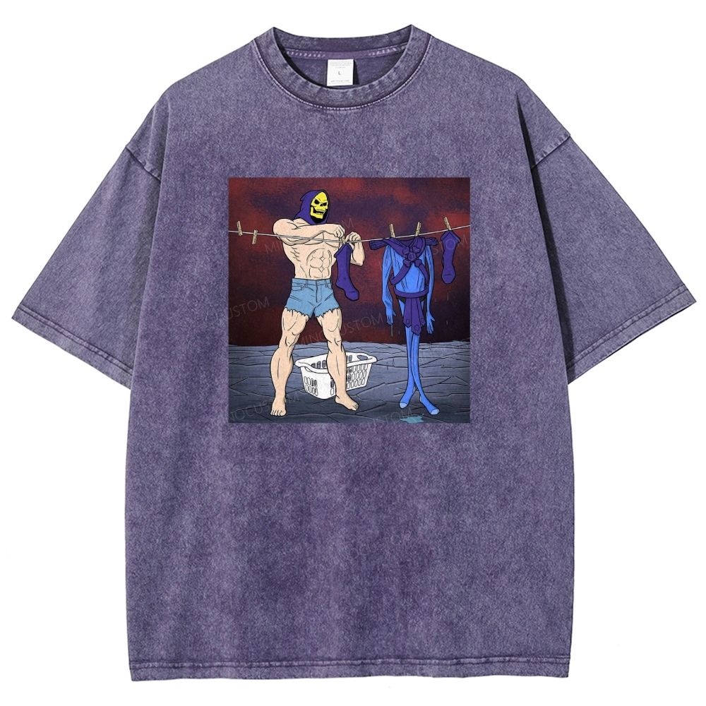 Fantasy Skull Hooded Muscular Man Laundry Meme Graphic Washed T-shirt