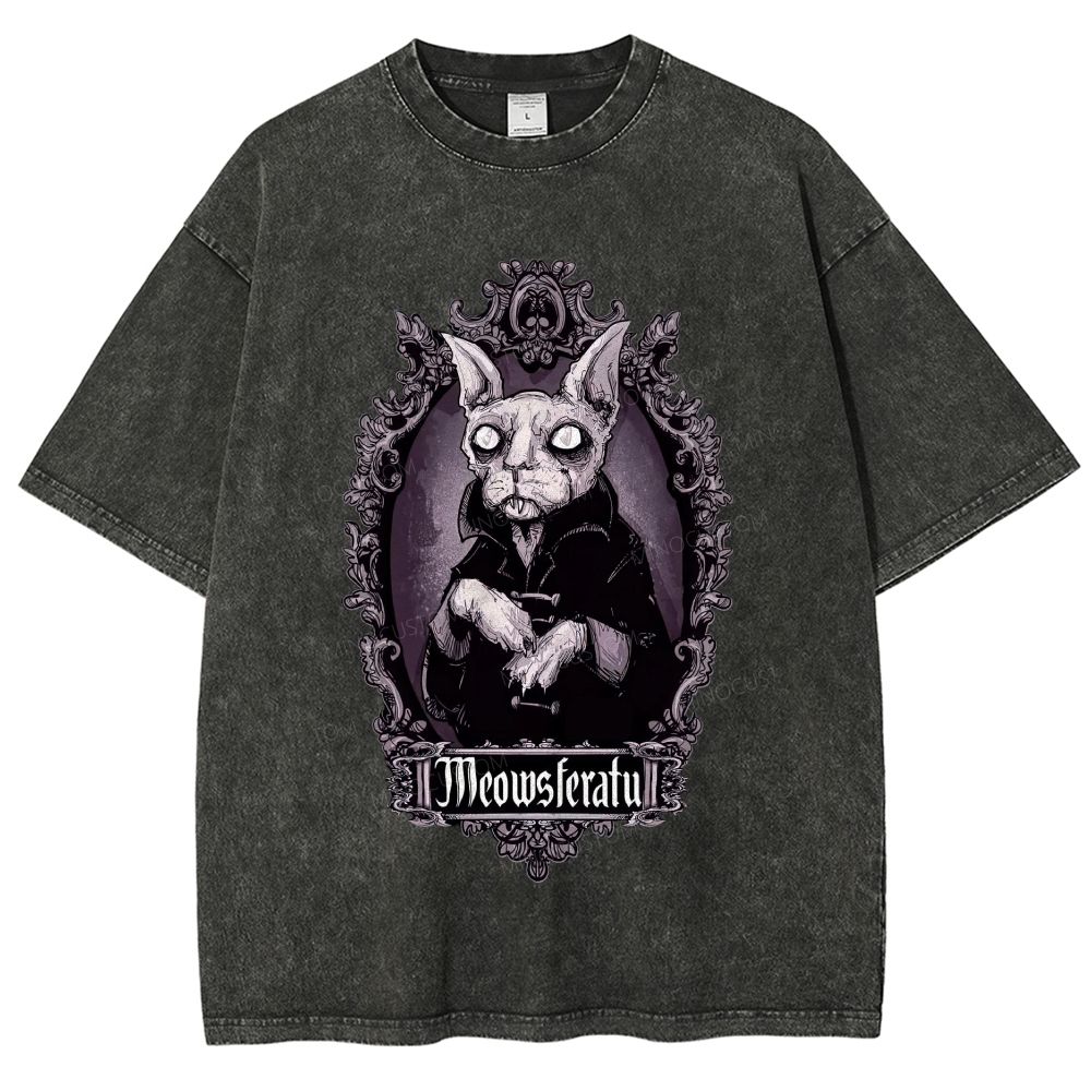 Gothic Vampire Cat Ornate Vintage Frame Graphic Unisex Fit Washed T-Shirt