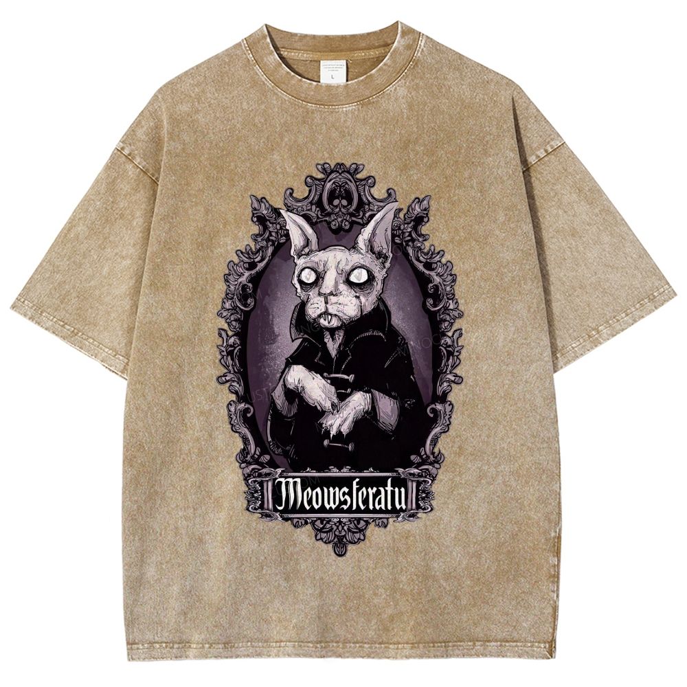 Gothic Vampire Cat Ornate Vintage Frame Graphic Unisex Fit Washed T-Shirt