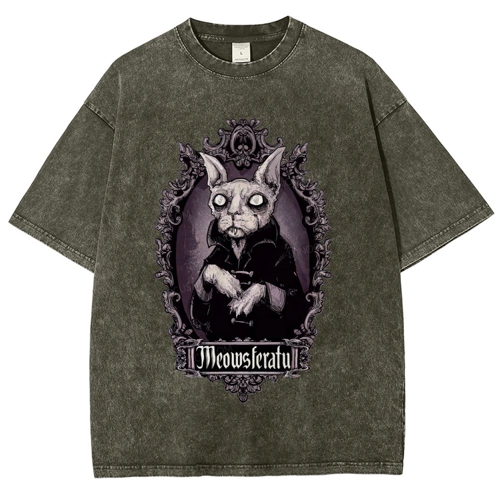 Gothic Vampire Cat Ornate Vintage Frame Graphic Unisex Fit Washed T-Shirt