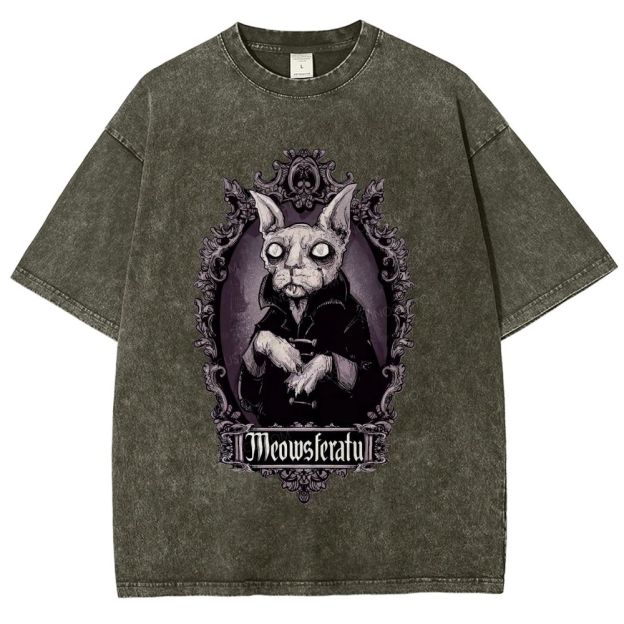 Gothic Vampire Cat Ornate Vintage Frame Graphic Unisex Fit Washed T-Shirt
