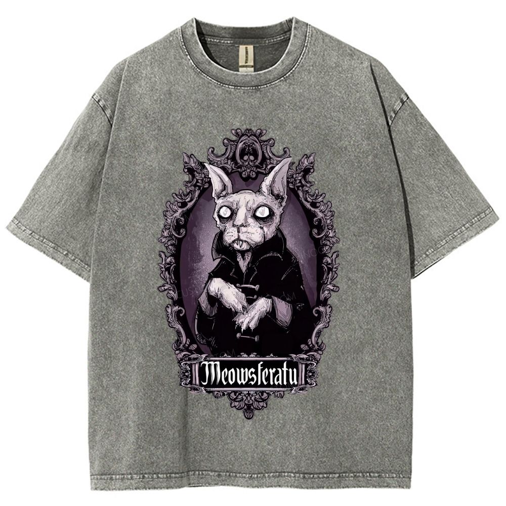Gothic Vampire Cat Ornate Vintage Frame Graphic Unisex Fit Washed T-Shirt