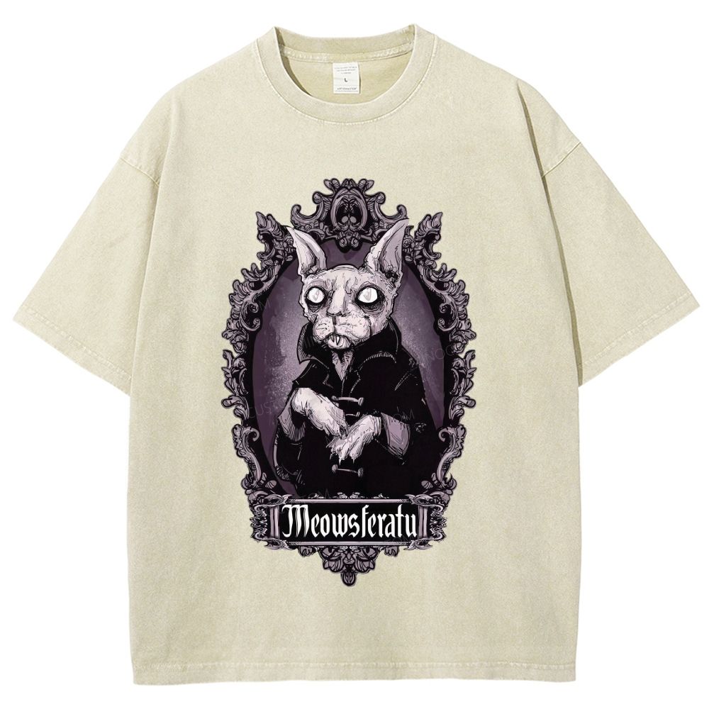 Gothic Vampire Cat Ornate Vintage Frame Graphic Unisex Fit Washed T-Shirt