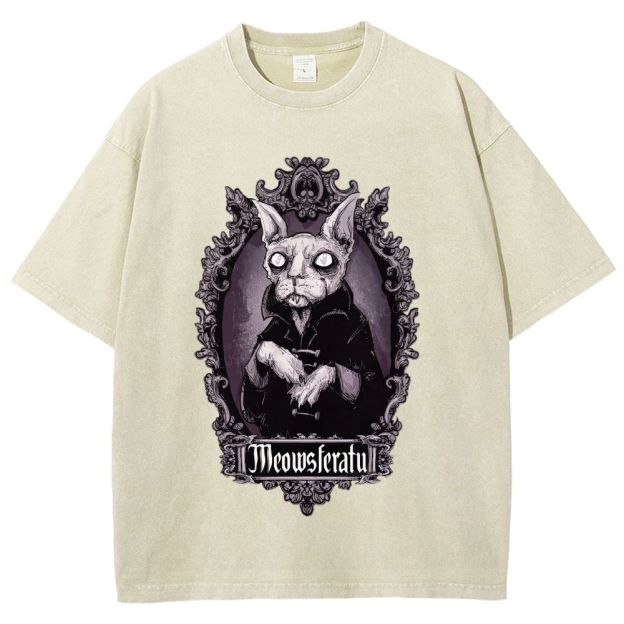 Gothic Vampire Cat Ornate Vintage Frame Graphic Unisex Fit Washed T-Shirt
