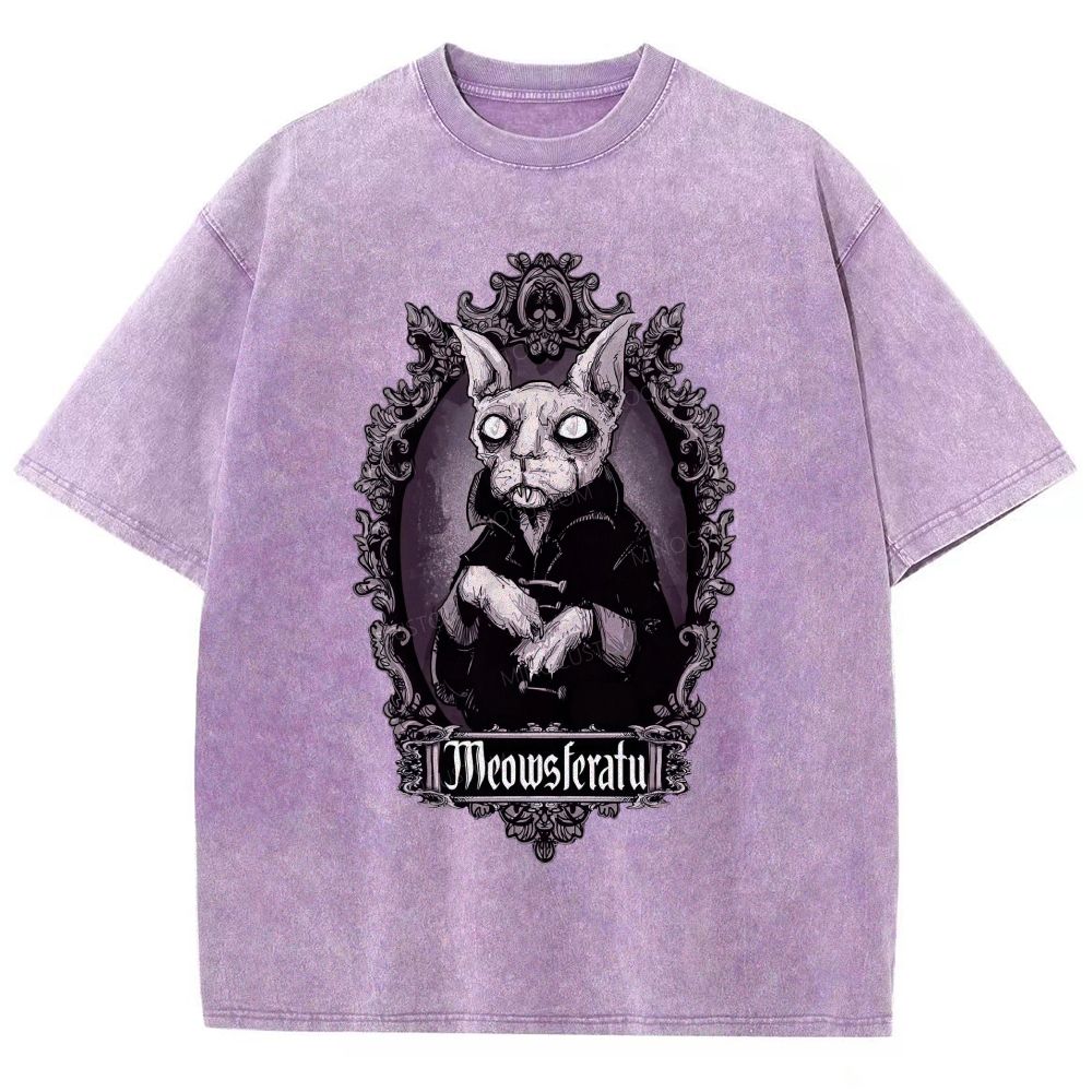 Gothic Vampire Cat Ornate Vintage Frame Graphic Unisex Fit Washed T-Shirt