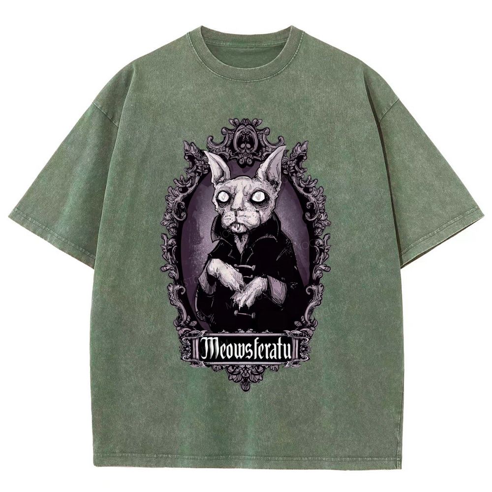 Gothic Vampire Cat Ornate Vintage Frame Graphic Unisex Fit Washed T-Shirt