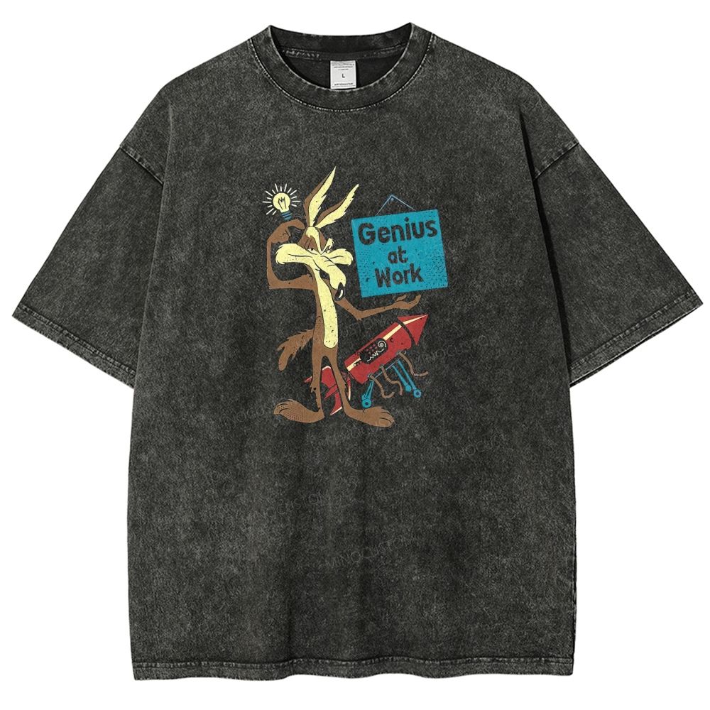 Funny Cartoon Wolf Lightbulb Rocket Graphic Washed T-shirt