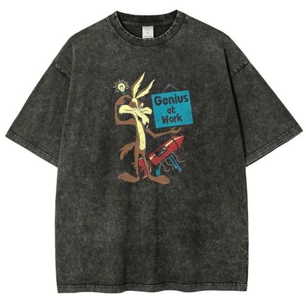 Funny Cartoon Wolf Lightbulb Rocket Graphic Washed T-shirt