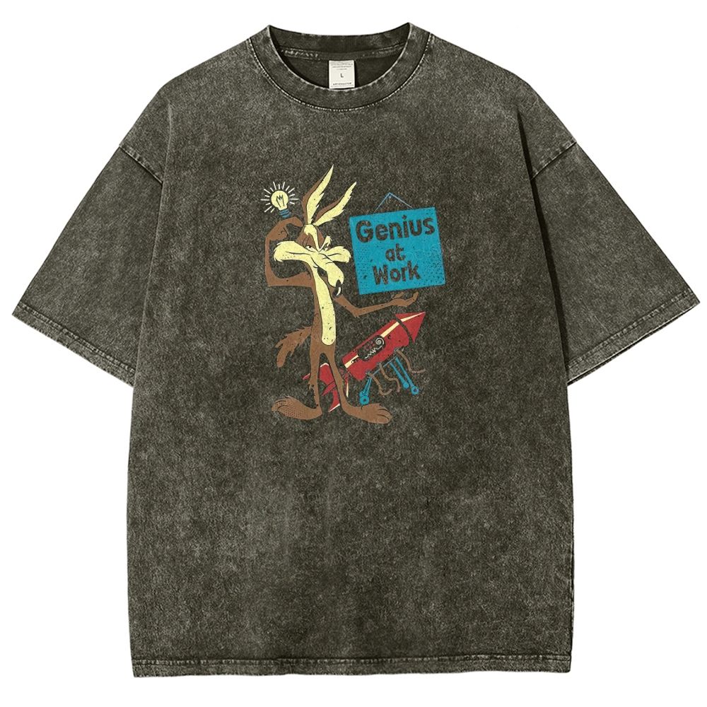 Funny Cartoon Wolf Lightbulb Rocket Graphic Washed T-shirt