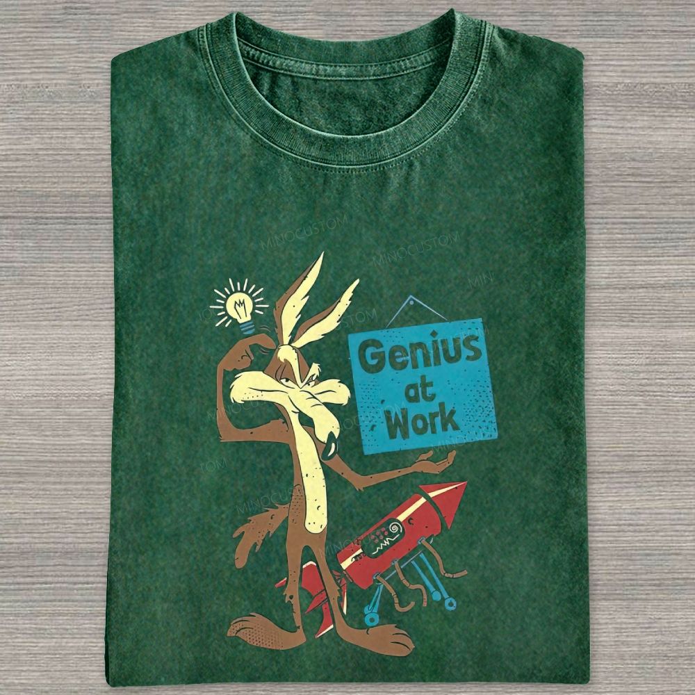 Funny Cartoon Wolf Lightbulb Rocket Graphic Washed T-shirt