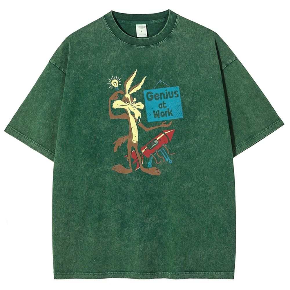 Funny Cartoon Wolf Lightbulb Rocket Graphic Washed T-shirt