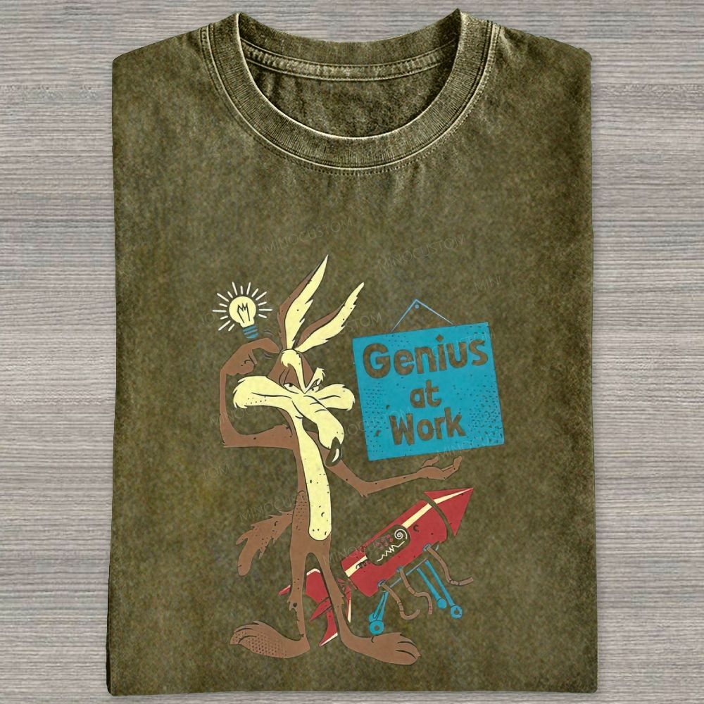 Funny Cartoon Wolf Lightbulb Rocket Graphic Washed T-shirt