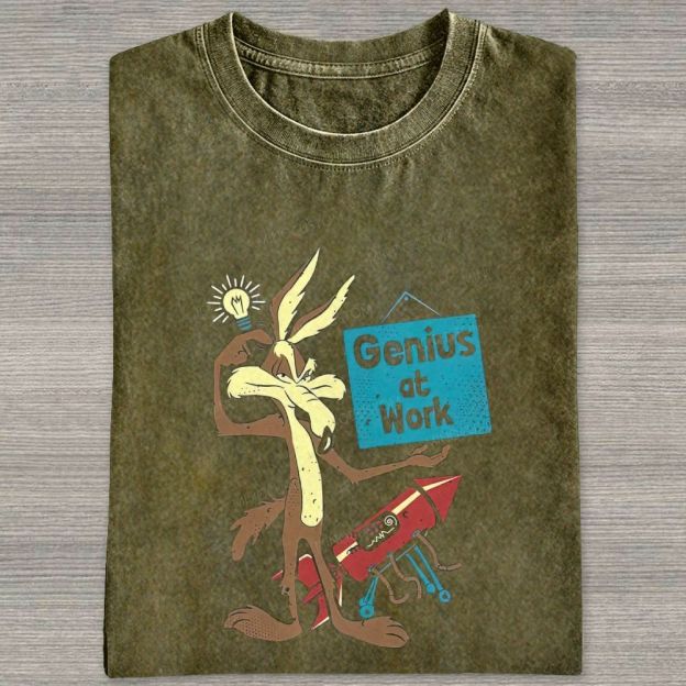 Funny Cartoon Wolf Lightbulb Rocket Graphic Washed T-shirt