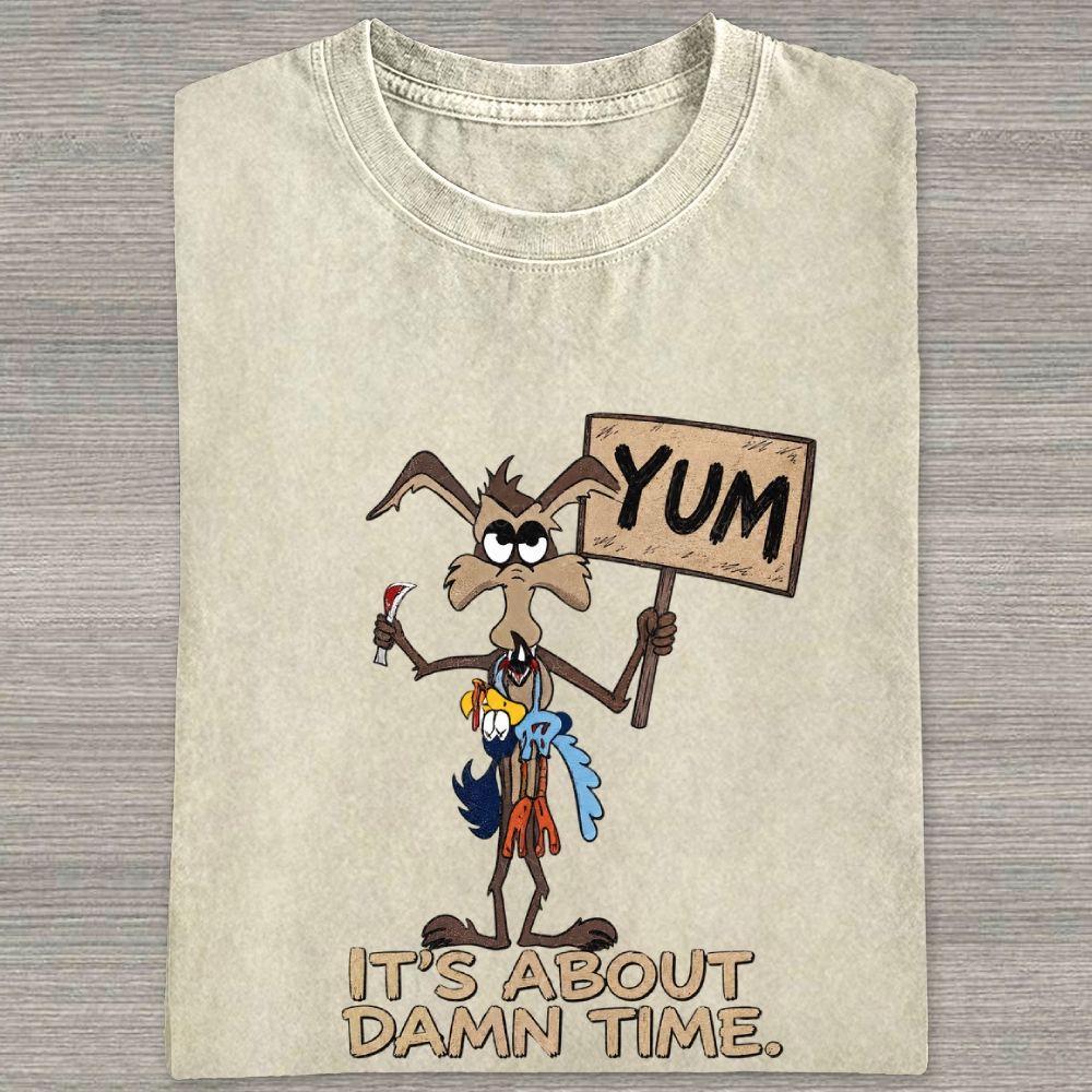 Vintage Funny Cartoon Wolf Signboard Graphic Washed T-shirt