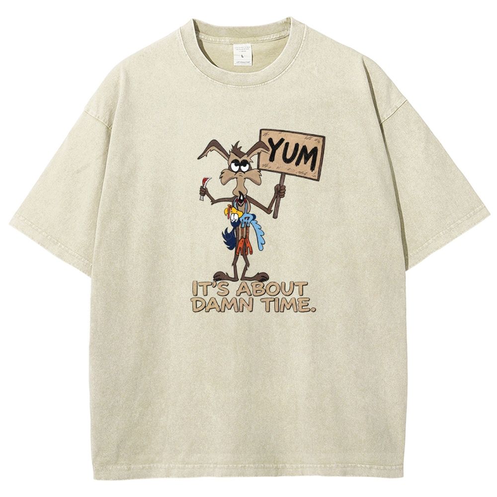 Vintage Funny Cartoon Wolf Signboard Graphic Washed T-shirt