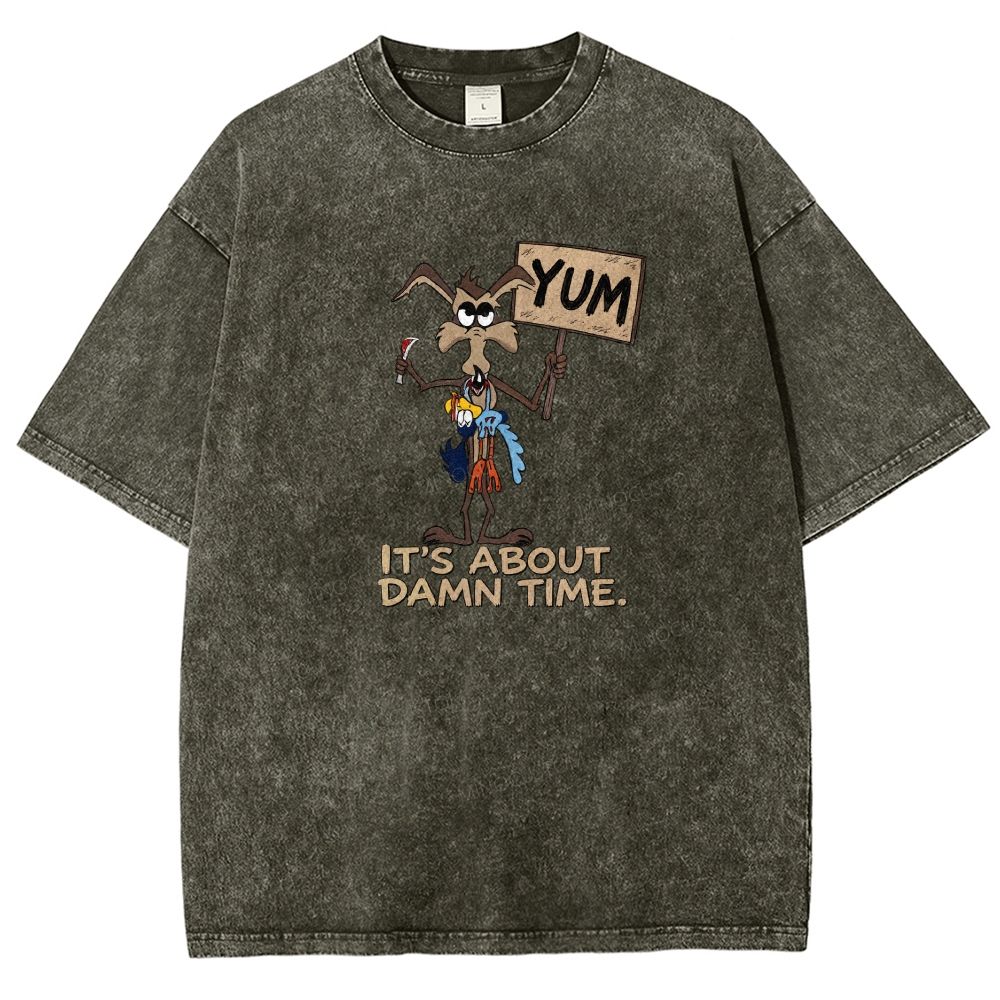Vintage Funny Cartoon Wolf Signboard Graphic Washed T-shirt