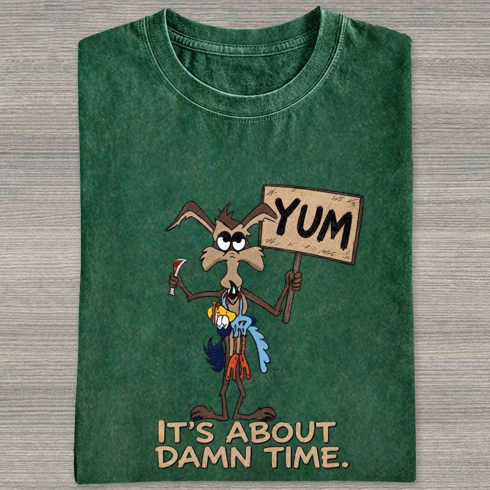 Vintage Funny Cartoon Wolf Signboard Graphic Washed T-shirt